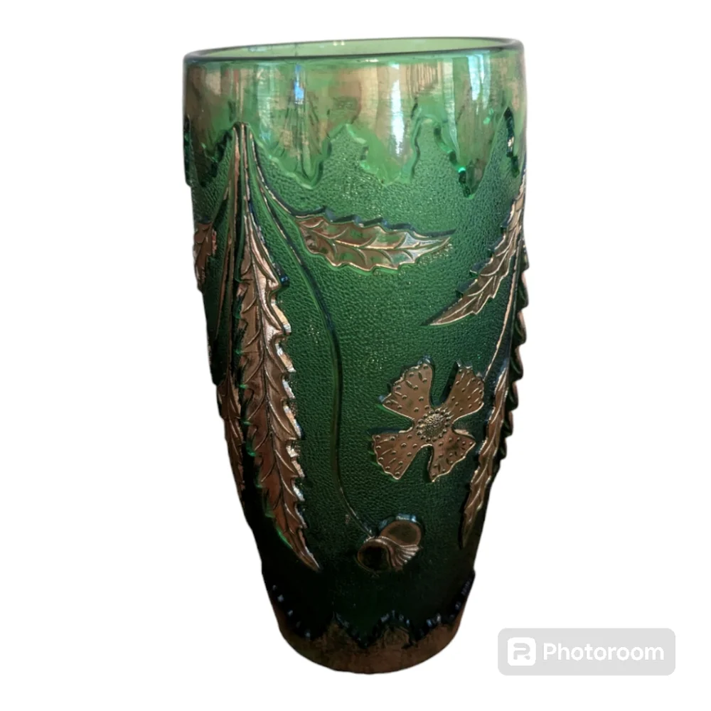Antique 1899 EAPG USA Glass Co Emerald Green Gold #15065  Delaware Pattern Vase
